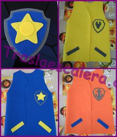 four pictures of different costumes made to look like children's clothing, including vests and stars