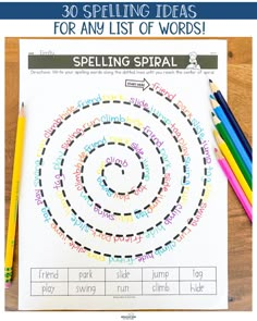 a spiral spelling activity with pencils and markers