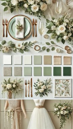 a table topped with lots of different types of flowers and greenery on top of it