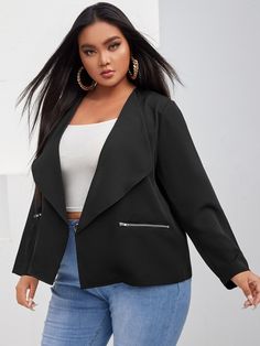 Plus Waterfall Collar Zip Detail Blazer Plus Size Blazers, Fall Plus Size, Plus Size Suits, Plus Size Blazer, Plus Size Womens Clothing, Clothing Size Chart, Black Blazers, Black Casual, Plus Size Outfits