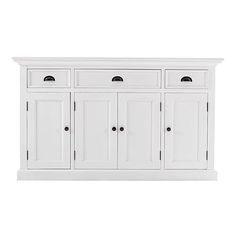 a white cabinet with four doors and two drawers on the bottom, in front of a white background