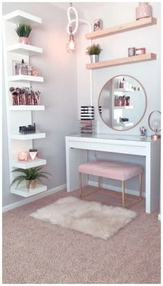 a room with a vanity, mirror and shelves filled with cosmetics on top of it