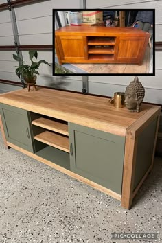 a large wooden entertainment center sitting on top of a floor next to a potted plant