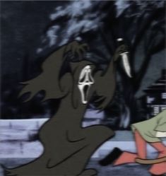 an animated image of a woman kneeling down next to a black dog holding a knife