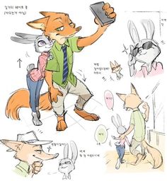 an image of a fox and rabbit in different poses with other animals around it, including one holding a cell phone