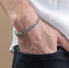 "Get your man something personal and stylish for a special occasion. The simple and beautiful bracelet made of stainless steel band set with a stainless steel palette which you can engrave on it names, dates, initials, roman numerals, coordinates, message and signs. Bracelet comes with 2\" (5cm) extension chain. These make the perfect gift. Every purchase comes packaged in a sweet box. It carefully protects items during the shipping and is perfect for gift giving or keeping for yourself. Please Bracelet Boyfriend, Silver Bar Bracelet, Date Bracelet, Roman Numeral Bracelet, Coordinates Bracelet, Mens Chain Bracelet, Mens Silver Jewelry, Bracelets Design, Mens Bracelet Silver