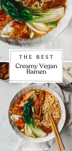 the best creamy vegan ramen in two bowls with chopsticks