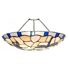 a hanging light fixture with blue and brown stained glass in the shape of a flower