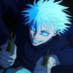 an anime character with blue hair and green eyes holding two plants in his hands, looking at the camera