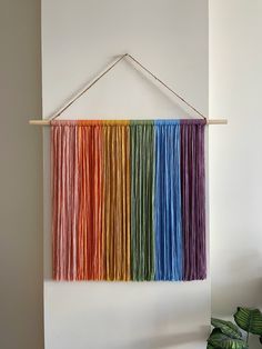 a rainbow wall hanging on a white wall next to a potted plant