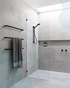 a bathroom with a glass shower door and towel rack on the wall next to it