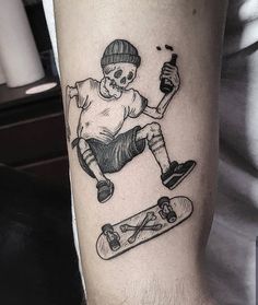 a man with a skateboard and skull tattoo on his arm