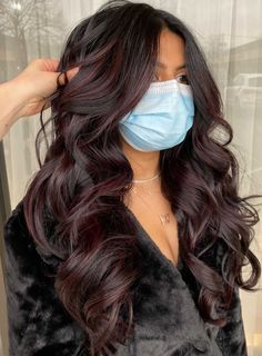 Wine Red And Brown Hair, Dark Purple Baylage Hair, Black And Reddish Brown Hair, Wine Colored Hair Balayage, Black Hair Maroon Highlights, Dark Brown Hair With Red Highlights Fall, Dark Hair With Maroon Highlights, Brown People Hair Color, Brunette With Cherry Highlights