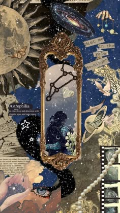 an artistic collage with pictures and words about the sun, stars, planets, and other things