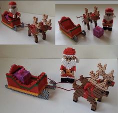 four different pictures of santa clause pulling a sleigh with reindeers on it