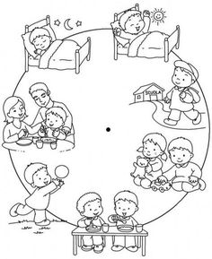 a circular drawing with children playing and eating in bed, one child is sitting at the table