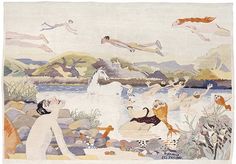 an image of a painting with people and animals in the foreground, including birds flying overhead