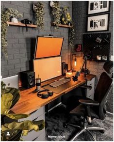 an office desk with a computer on it and plants hanging from the wall behind it