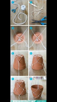 instructions to make a potted planter out of clay and wire, including yarn