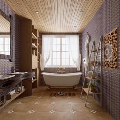 a bath room with a tub a sink and a ladder