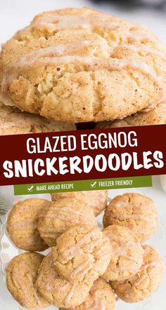 glazed eggnog snickkerdoodles are stacked on top of each other