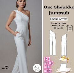 One shoulder jumpsuit sewing pattern in PDF format, offering various size options. Size options include US Sizes from 2 to 30 and Standard Sizes from XS to 4XL, suitable for A4, A0, and US Letter size papers. Upon payment processing, receive automatic download links for the pattern files. Note that this is a digital product, not a finished item; you will receive zip files comprising both patterns and sewing instructions. Don't hesitate to contact me with any questions or concerns! Happy Sewing! Jumpsuit Evening, Jumpsuit Sewing Pattern, Jumpsuit Sewing, Jumpsuit Pattern Sewing, Formal Jumpsuit, Romper Pattern, One Shoulder Jumpsuit, Letter Format, Jumpsuit Pattern