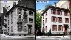 an old and new building with red shutters next to each other on the same street