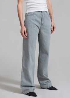 Color: Blue Grey Midweight denim Relaxed fit Straight leg High rise Slant hip pockets Back patch pockets Single button closure Zip fly Unlined 100% Cotton Hand Wash By Amomento. Made in South Korea Gray Straight Leg Jeans With Side Pockets, Gray Relaxed Fit Jeans, Gray Washed Relaxed Fit Jeans, Gray Full-length Denim Pants, Gray Mid-rise Denim Pants, Paris Store, Denim Suit, Paris Woman, Wide Boots