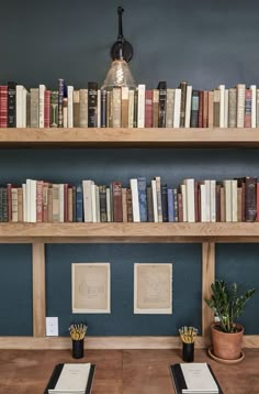 two books are sitting on top of the bookcases