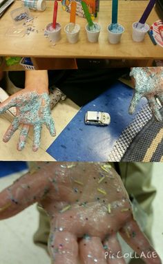 there are two pictures of hands covered in paint and sprinkles on the table