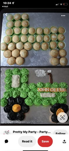 two cakes decorated with green frosting and black icing, one is shaped like a tractor