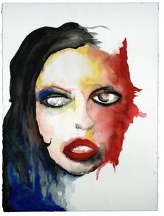 a painting of a woman's face with red, yellow and blue makeup