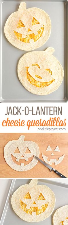 jack - o'lantern cheese quesadillas on a baking sheet