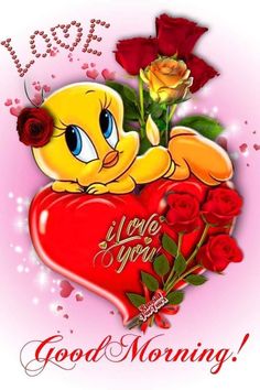 a yellow teddy bear sitting on top of a red heart with roses in it and the words i love you good morning