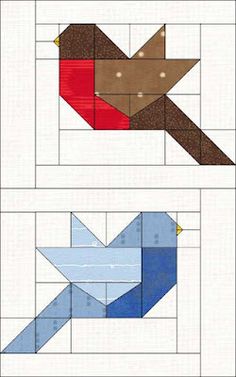 two pictures of different shapes and sizes of paper birds, one is blue and the other is red