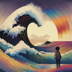 a person standing in front of an ocean wave with the sun setting behind them and rainbow colored waves