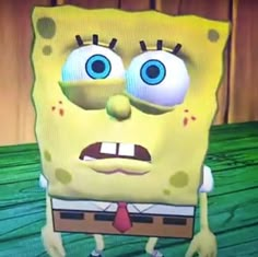 an animated spongebob with big eyes and a tie on, standing in front of a wooden wall