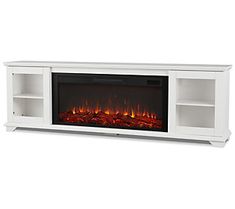 a white entertainment center with an electric fireplace