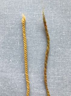 two pieces of yellow thread sitting on top of a table