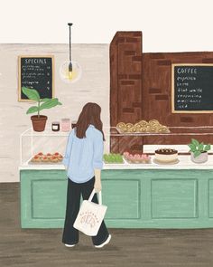 a painting of a woman carrying a shopping bag in front of a coffee shop counter