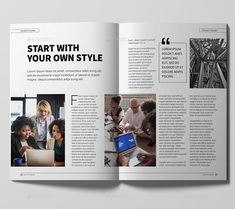 an open magazine with people working on laptops in front of the pages and text that reads, start with your own style