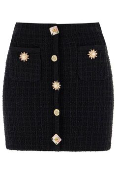 This Self-Portrait miniskirt is made of a blend of cotton and viscose knit, embellished with micro sequins and adorned with decorative jewel buttons on the front. It features hidden snap pockets on the front and a fitted silhouette enhanced by a high waist. The model is 177 cm tall and wears a size XS. Composition: 41%VI, 39%PA, 20%CO Elegant Winter Mini Skirt With Buttons, Knitted Mini Skirt, Chic Party, Pleats Please Issey Miyake, Fitted Silhouette, Yoga Wear, Contemporary Fashion, Fashion Labels, Self Portrait