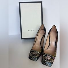 Gucci Dionysus Square Toe Printed Fabric Heels Pumps Size 8.5-9 Brand New Condition With Box And Dust Covers Square Toe, Snake Hardware, Floral Bouquet Jacquard, Printed Fabric / Cloth, Leather Insole And Outsole, Slip On, Stiletto. Black, Green, Pink. These Squared Toed Pumps Feature A Tiger Head Spur Embellishment And A 4 Inch Heel. Casual, Work, Designer, Formal, Evening, Classic. Beautiful Heels, True Show Stoppers! Clean Smoke-Free Environment. Gucci Designer Pointed Toe Heels, Designer Gucci Pointed Toe Heels, Gucci Designer Heels With Pointed Toe, Designer Gucci Closed Toe Heels, Gucci Designer High Heel, Fabric Heels, Beautiful Heels, Tiger Head, A Tiger