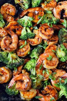 cooked shrimp and broccoli in a skillet