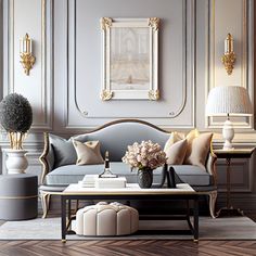 a living room with gray couches and gold trimmings on the walls, coffee table