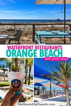 an orange beach restaurant with umbrellas and tables