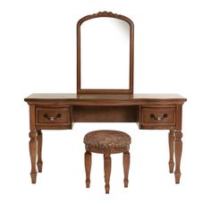 a wooden vanity with mirror and stool