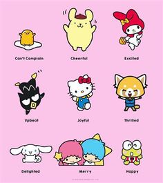 hello kitty and other cartoon characters on a pink background