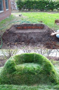 a woman kneeling down in front of a garden with grass growing out of the ground