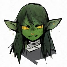 a drawing of an elf with green hair and yellow eyes